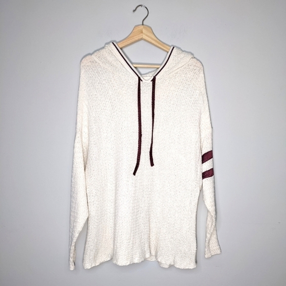 Free People Linen Love All Hoodie Pullover Ivory Burgundy Combo Knit Size Small - Picture 2 of 13